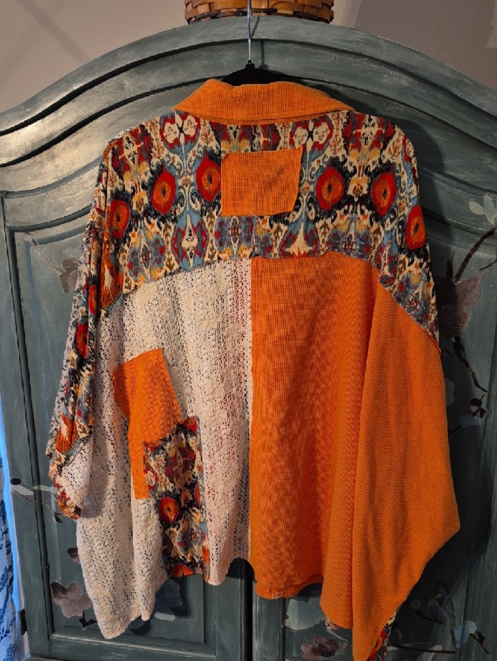 POL Patchwork Button-Down Shirt in Orange, Cream, Multicolor Floral - Picture 3 of 5